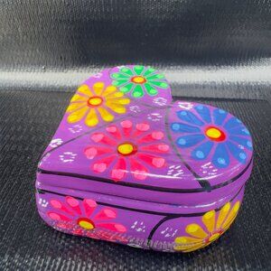Vintage Mexican Pottery Trinket Dish Jewelry Holder Heart Shaped Floral Purple